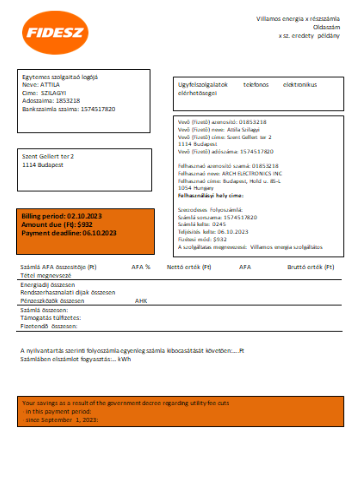 FIDESZ easy to fill utility business bill,  SCR PSD template